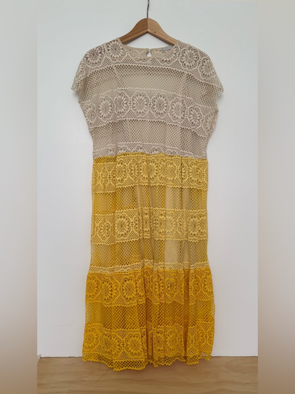 Zara Women Lace Tiered Dress with Cream Top and Yellow Skirt